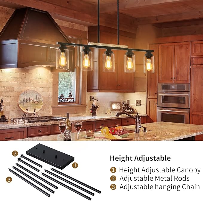 Yusist Farmhouse Kitchen Island Lighting,5-Light Dining Room Light Fixtures Over Table Linear Chandelier Pendant Lighting with Glass Shade and Adjustable Rods for Dining Table Living Room