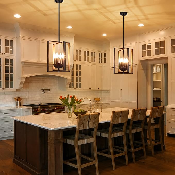 12.2" Farmhouse Chandelier, 4-Light Wood Textured Pendant Lights Kitchen Island, Rustic Hanging Light Fixture for Dining Room Kitchen Sink Foyer Hallway Bar