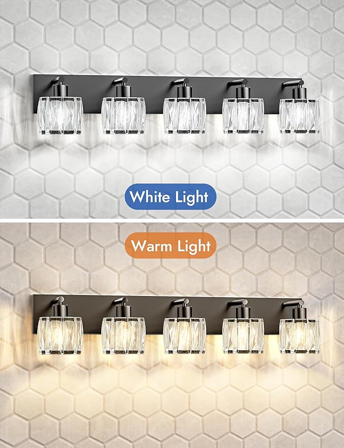 VOLISUN Crystal Vanity Lights for Bathrooms, 5 Light Bathroom Vanity Light, Modern Matte Black Bathroom Light Over Mirror, Black Bathrooms Lights Fixtures-UL Certificated(Exclude Bulb)