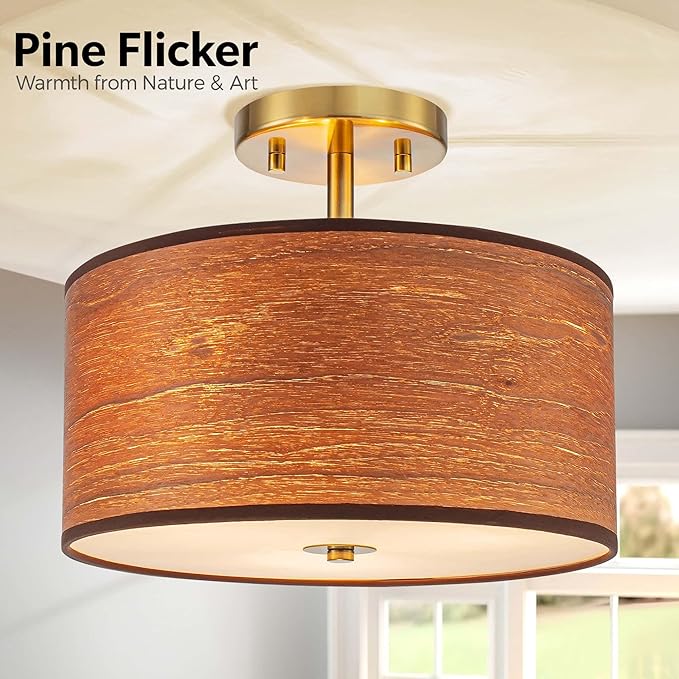 3-Light Solid Wood Drum Ceiling Lights, Farmhouse Style Semi-Flushmount Light Fixture for Dining Room, Living Room, Bedroom, D12 * H10 inch, Solid Wood Lampshade & Gold Finish