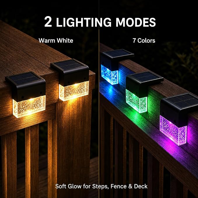 SUNFACE Solar Step Lights Outdoor 4 Pack, Solar Deck Fence Lights Waterproof, Bright LED Lights with 2 Lighting Modes Warm White & 7 Color, for Stairs Deck Patio Railing Backyard Pool