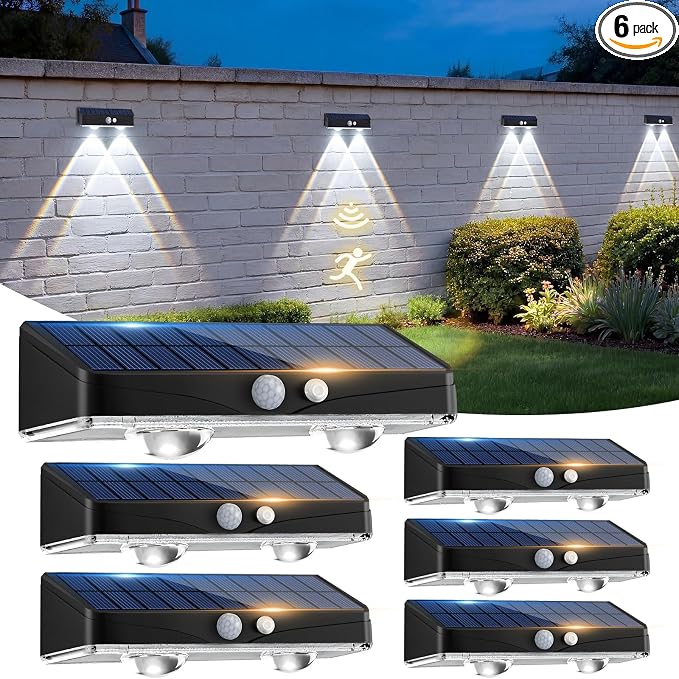 kolpop Solar Fence Lights Outdoor with Motion Sensor, Fence Lights Solar Powered,IP65 Waterproof,3 Modes LED Solar Lights for Patio,Backyard,Railing,Wall,Nighttime,Party,Pool,6 Pack,Cool White