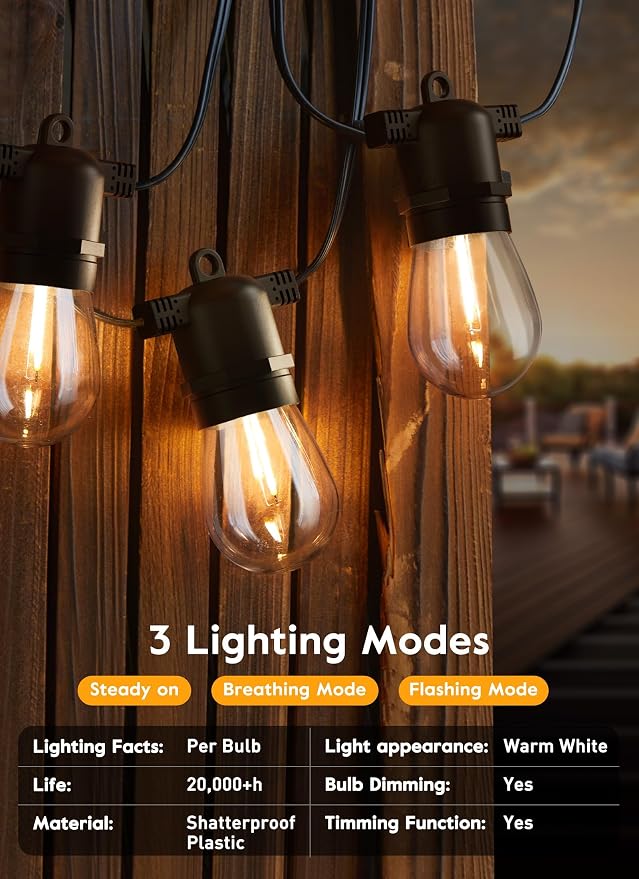 Minetom Solar Outdoor String Lights - 48Ft Patio Lights with 15+1 LED Shatterproof Bulbs, 3 Light Modes, Remote Control, Timing, Outside Weatherproof Hanging Lights for Backyard Party Decor