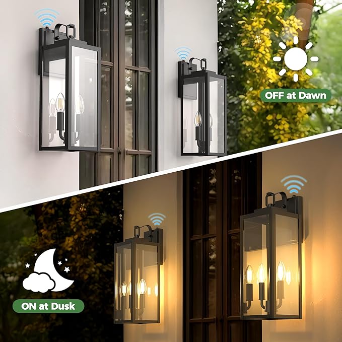 DORESshop 18 Inch Dusk to Dawn Outdoor Wall Lights, 2-Light Black Outdoor Wall Sconce Lantern with Clear Glass Shade, Tall Transitional Exterior Light Fixtures for Porch, Garage, ETL Listed, 2 Pack