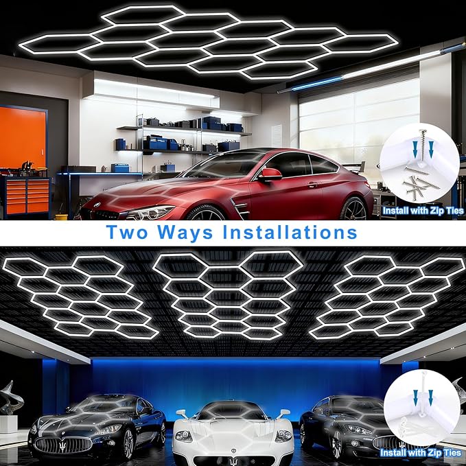 LZHOME Hexagon LED Garage Light: Super Bright 64500LM Honeycomb Garage Light, 14 Hex DIY Hexagon Led Lights for Gym Basement Hair Salon