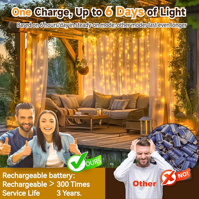 HXWEIYE Rechargeable 300LED Curtain Lights Battery Powered, 9.8x9.8Ft Outdoor Fairy String Lights with Remote & DIY Timer, 8 Modes Twinkle Light Waterproof for Indoor Backdrops Wedding, Warm White