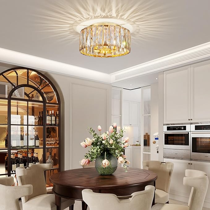 Crystal Ceiling Light, 3-Light Modern Flushmount Ceiling Light for Living Room, Dinning Room Hallway, D12xH9inch, Gold Finish Frame & Champagne K9 Crystal