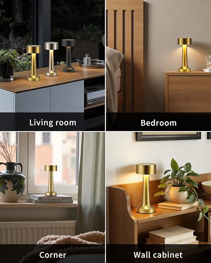 PUSU LED Cordless Small Table Lamps Set of 2, Gold Portable Rechargeable 4000mAh Battery Operated Desk Lamp, 3 Color Stepless Dimming Touch Light for Bedroom, Bedside, Dining Table, Bar, Kids Reading