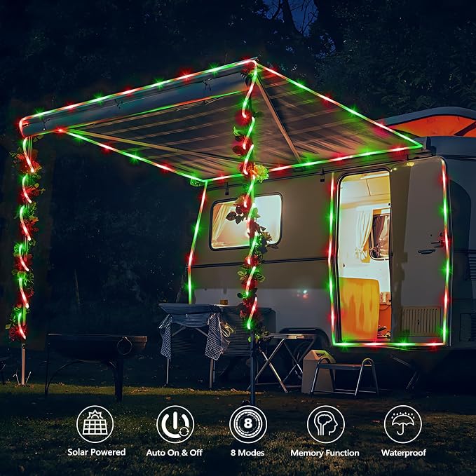Solar Rope Lights, 2 Pack Total 66ft 200LED Solar String Lights, 8 Modes Waterproof Solar Outdoor Light, Flexible Clear Trampoline Light for Garden Yard Patio Deck Porch Pool Tree Decor - Red & Green