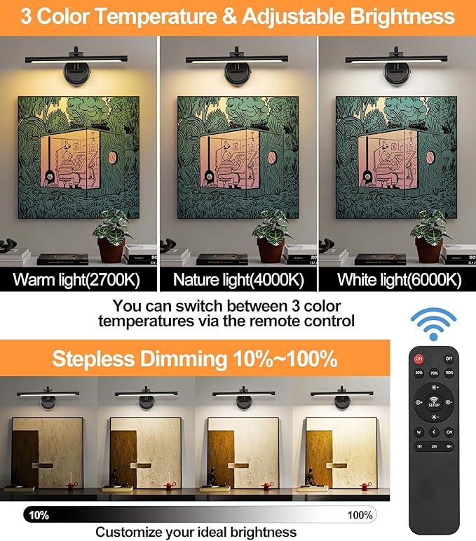 Tassuowell Rechargeable Picture Light for Wall, Cordless Art Lights Battery Operated, Dimmable Wall Light with Remote & Timer, 3 Color Modes for Paintings, Gallery, Artwork(Black, 15.7inch)