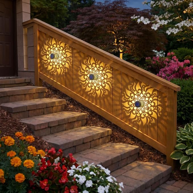 Solar Fence Lights 2 Pack Outdoor Deck Step Wall Lights Metal Waterproof LED Warm Yellow Light for Garden Post Patio Backyard Yard Decor (Mandala-2, 2)