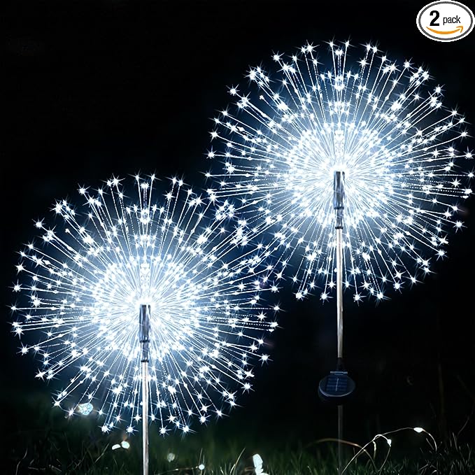JJGoo Solar Firework Lights, 2 Pack 135 LEDs 2 Lighting Modes Solar Lights Outdoor Waterproof for Garden Patio Walkway Pathway Party Wedding Christmas Decorative - White