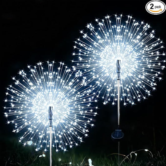 JJGoo Solar Firework Lights, 2 Pack 135 LEDs 2 Lighting Modes Solar Lights Outdoor Waterproof for Garden Patio Walkway Pathway Party Wedding Christmas Decorative - White