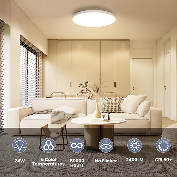 NIORSUN 12 inch Flush Mount LED Ceiling Light Fixture, Dimmable 3000K-6500K Adjustable Lights, Ultra Thin White Round Lamp, 24W Ceiling Lights for Hallway, Kitchen, Bedroom, 6 Pack