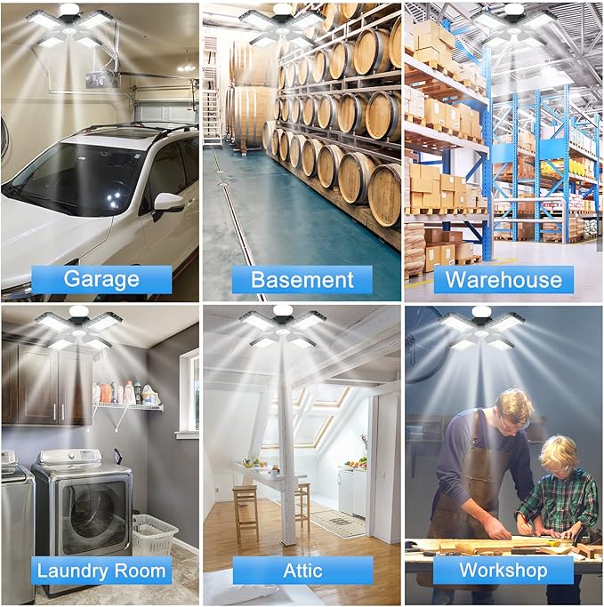 4-Pack LED Garage Light, 150W Deformable LED Ceiling Lights, 15000LM Garage Lighting with 4 Adjustable Panels, E26/E27 Shop Lights for Basement, Workshop, Attic