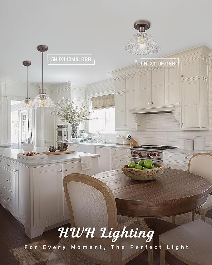 Pendant Lights Kitchen Island, HWH Kitchen Island Lighting for Bathroom, Dining Room, 1-Light Hanging Lights Fixtures with Clear Floral Glass, Oil-Rubbed Bronze Finish, 5HJX110MIL ORB