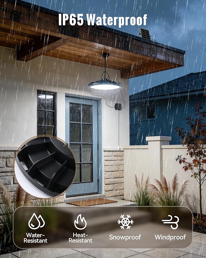 Solar Shed Light Indoor Outdoor, 2000LM Solar Pendant Light Daytime Available Pull Cord with 2 Brightness Modes, IP65 Waterproof Ceiling Lamp for Barn, Garage, Shop, Gazebo