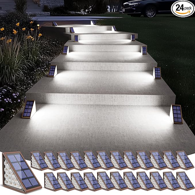 NIORSUN Solar Stair Lights,Cool White Outdoor Step Lights IP67 Waterproof Auto On Off, Outdoor Stair Lights for Steps,Stair,Patio,Yard,Porch,Front Door,Sidewalk,Deck Decor（Brown, 24 Pack）