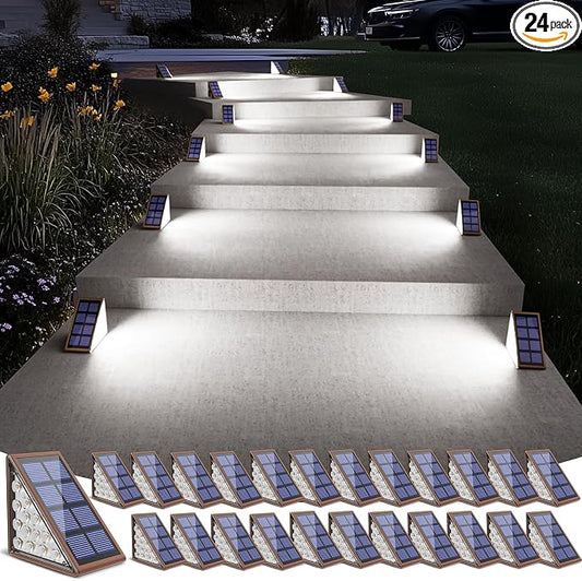 NIORSUN Solar Stair Lights,Cool White Outdoor Step Lights IP67 Waterproof Auto On Off, Outdoor Stair Lights for Steps,Stair,Patio,Yard,Porch,Front Door,Sidewalk,Deck Decor（Brown, 24 Pack）