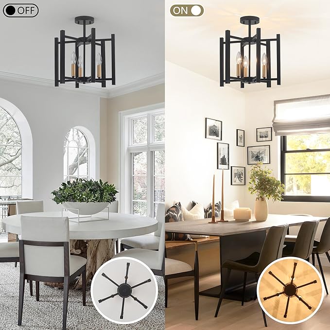 14.6'' Ceiling Light Fixture, 3-Light Black and Gold Semi Flush Mount Ceiling Light Fixture, Modern Farmhouse Industrial Ceiling Light for Hallway Entryway Kitchen Dining Room Bedroom