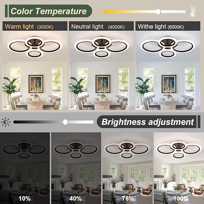 Modern Ceiling Lights 24" 40W, Dimmable Kitchen Lighting Fixtures Ceiling, 3000-6500K Light Fixture Ceiling Mount with Remote Control, Black 4 Ring LED Ceiling Light for Bedroom