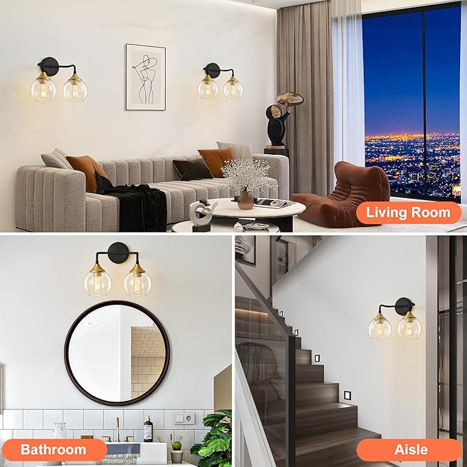 Black and Gold Bathroom Vanity Light with Clear Glass Shade, E26 Base, 2-Light Bathroom Light Fixtures Over Mirror, 14 Inch Vanity Lights for Bathroom (Exclude E26 Bulb)