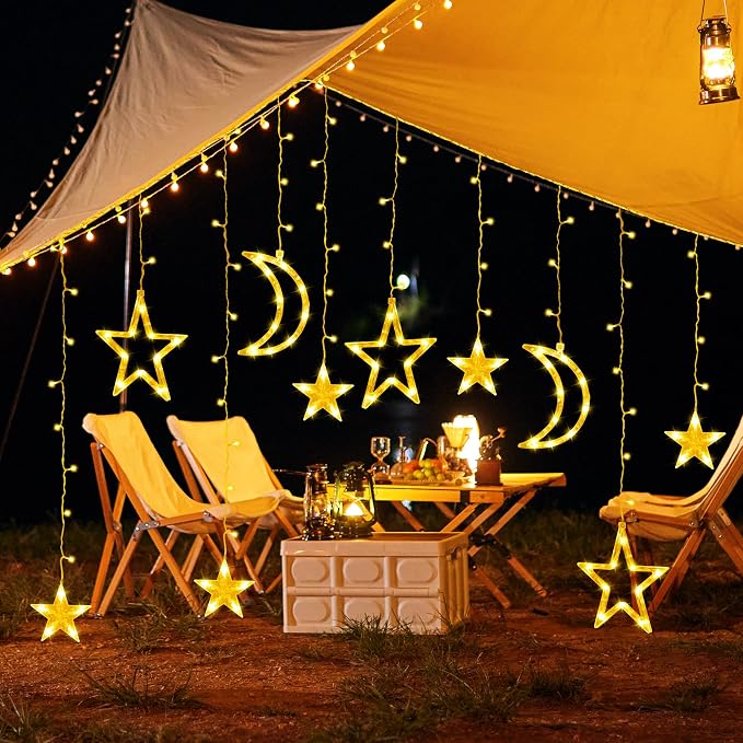 Fussion Star and Moon Ramadan Lights 11.48ft, 138 LEDs Ramadan Curtain String Lights Decorations for Home with Remote, 8 Modes, Battery Operated Fairy Lights Window Lights for Indoor Outdoor Holiday