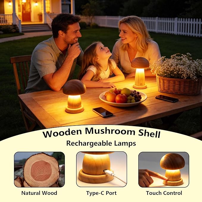 Wooden Mushroom Lamp Rechargeable, Cordless Table Lamp, Portable Mushroom Night Light for Bedroom, Studyroom, Living Room, Office, Birthday Gifts, Rubber Wood