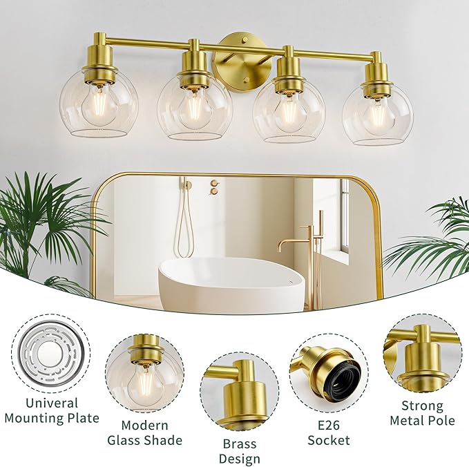 Espird 4 Light Bathroom Light Fixtures, Brushed Brass Bathroom Vanity Lights, Modern Vanity Lights 4-Light Globe Bathroom Vanity Lighting Fixture Over Mirror