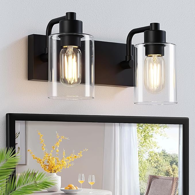 Dpyrrhic Matte Black 2-Light Bathroom Lights Over Mirror with Clear Glass Shade, Modern Bathroom Light Fixtures for Kitchen Living Room Bedroom Laundry Room