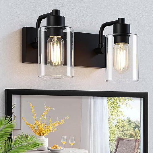 Dpyrrhic Matte Black 2-Light Bathroom Lights Over Mirror with Clear Glass Shade, Modern Bathroom Light Fixtures for Kitchen Living Room Bedroom Laundry Room