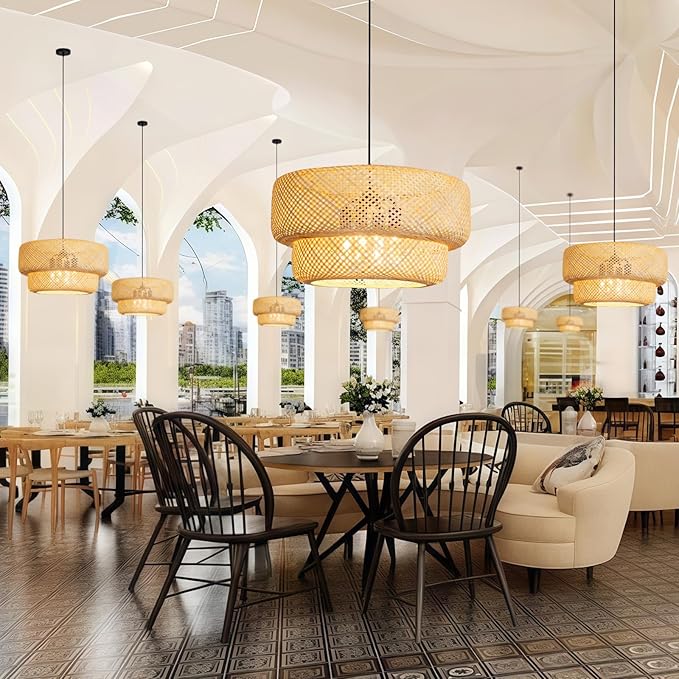 23.62" Bamboo Pendant Light,Boho Rattan Hanging Light,Hand Woven Wicker Chandelier for Kitchen Island for Kitchen Island Dining Bedroom Living Room Restaurants