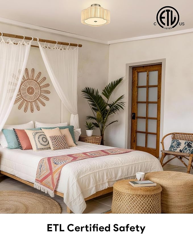 VONLUCE Semi-Flush Mount Boho Ceiling Light, 14" 4-Light Rattan Ceiling Light Fixture with 2 Tier Rattan Fabric Clover Shade, Lighting for Bedroom Dining Living Room, Nickel Finish, ETL Certificated