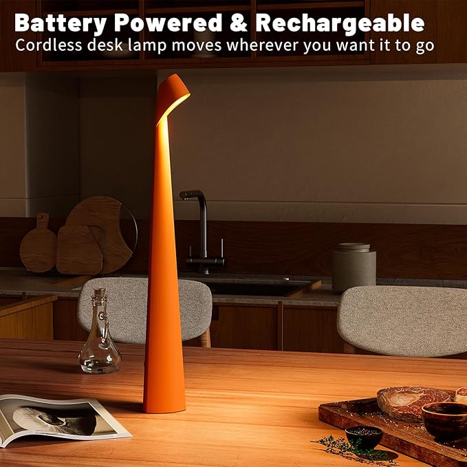 HAPYGI Portable Cordless LED Desk Lamp, Rechargeable Wireless Table Lamp, 3-Level Brightness, Patio & Bedside Night Light, Dining Room Ambient Reading Light (Orange)