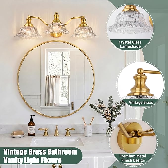 Espird Brass Bathroom Light Fixtures Over Mirror, 3 Light Vintage Bathroom Vanity Light Fixture with Clear Flower Glass Shades, Retro Gold Wall Sconce E26 Vanity Lights for Bathroom Living Room