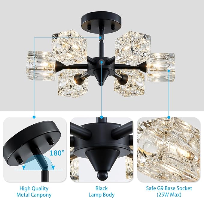 XINGQI Modern Sputnik Chandelier 6-Lights Black Ceiling Light Fixture Small Farmhouse Semi Flush Mount Ceiling Light Glass Industrial Lighting for Hallway Dining Room Living Room Kitchen Bedroom