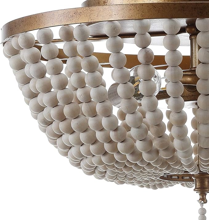 JONATHAN Y 15" Antique Gold/Cream Allison 3-Light LED Flush Mount Ceiling Light for Bedroom, Wood Beaded Shade Shabby Chic Farmhouse Rustic Decor, LED Bulbs Included (JYL9019A)