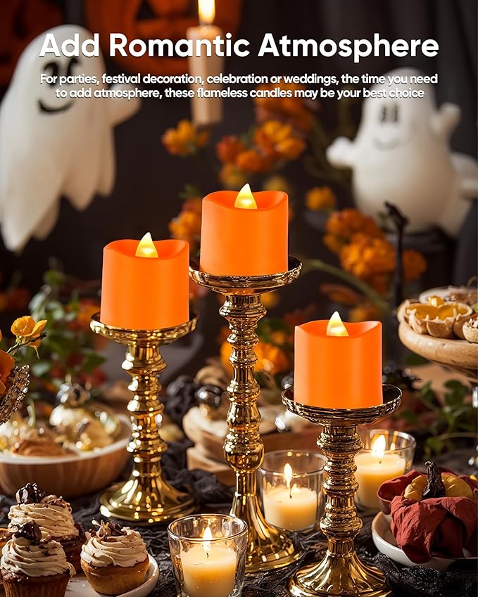Homemory 24Pack 400+Hour Remote Control Flameless Candles, 2/4/6/8H Timer Led Votive Candles, Battery Operated Tea Lights for Wedding Table Centerpiece, Holidays, Halloween Pumpkins-Orange