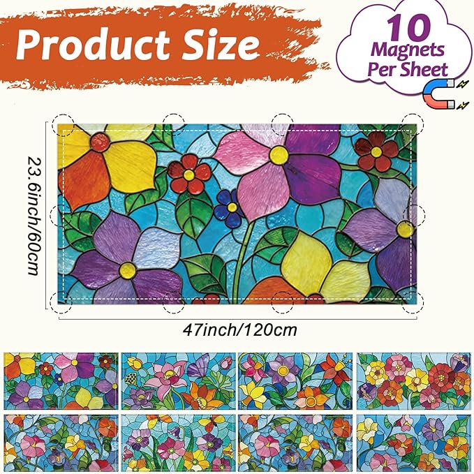 8Pcs Fluorescent Light Covers with 80 Magnets Decorative for Classroom Ceiling Lights 4x2Ft Magnetic Light Covers Filter Easy Install for Office Hospital Home Drop Ceiling Supply(Stained Glass Floral)