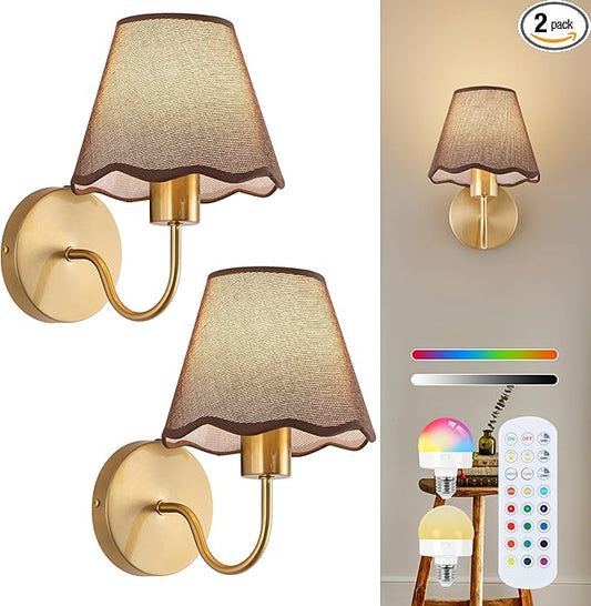 ADISUN Battery Operated Wall Sconce Set of 2, Gold Wall Lamps Rechargeable Bulbs for Living Room, Brown Rattan Shade, Wireless Wall Lights for Bedroom Living Room Hallway Kitchen(2 Bulbs Included)