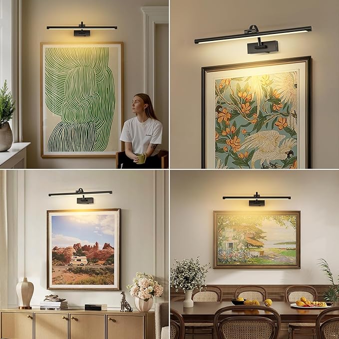 DESOOP Dimmable Black Picture Lights with Remote and Timer Wireless Art Lights Rechargeable Gallery Lighting for Canvas Portrait 24'' Inch 5W Warm White