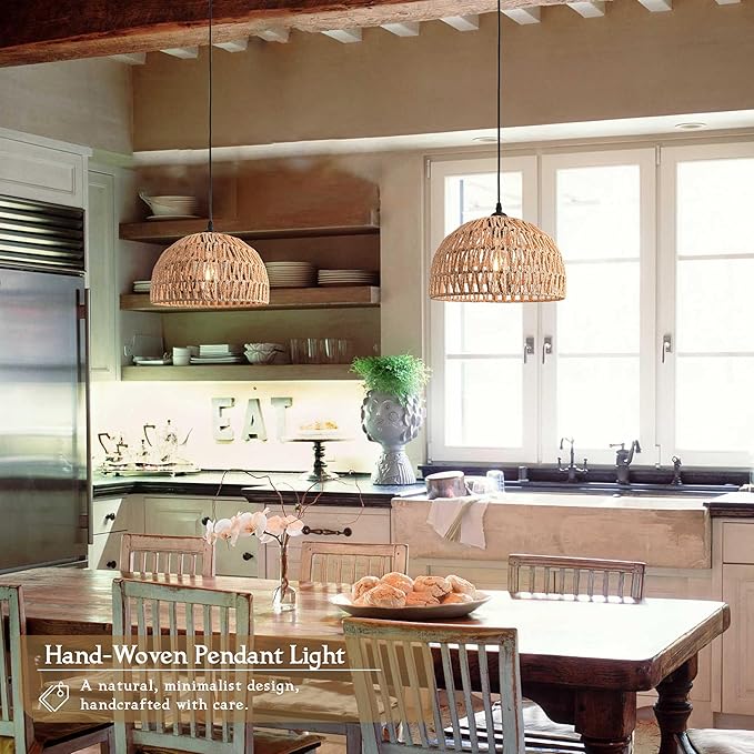 2 Pack Hemp Rope Woven Pendant Light Woven Light Fixture Boho Chandelier Light Fixture Wicker Pendant Lights Rattan Dome Wicker Chandelier for Dining Room Kitchen Island (Bulb Incl.