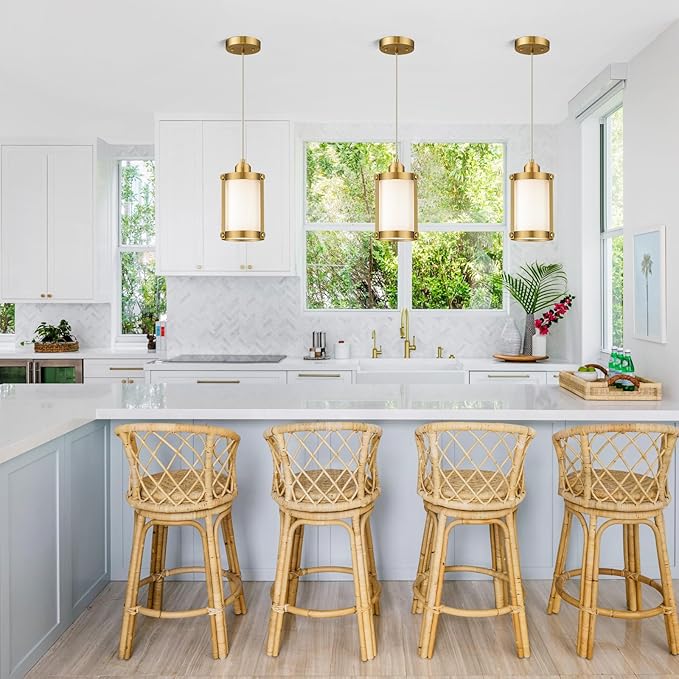 Brushed Gold Pendant Lights Kitchen Island, 1-Light Modern Brass Mini Hanging Light Fixtures with Milk Glass, Farmhouse Kitchen Pendant Lighting Over Island for Sink, OS-3014-1PBGW