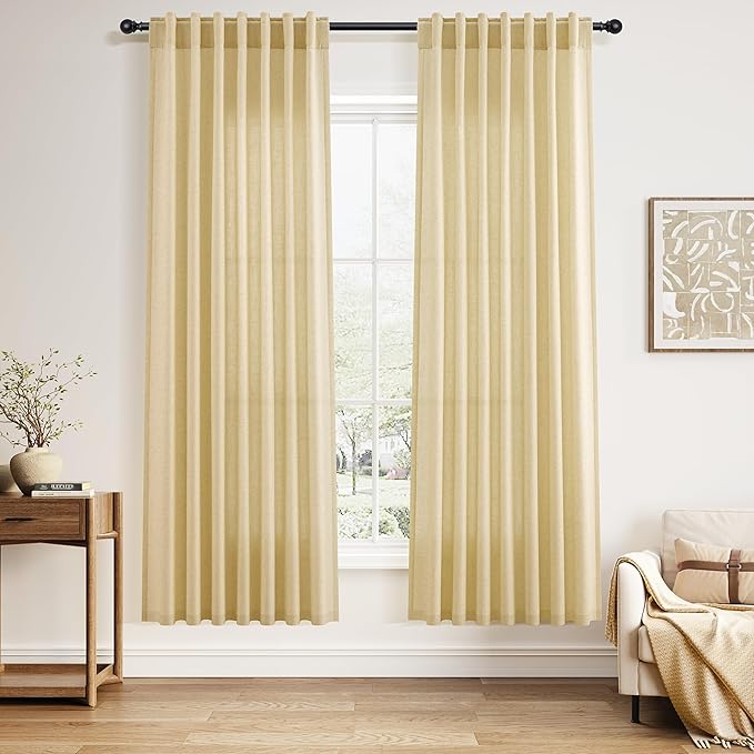 Nanspring Cream Yellow Curtains for Living Room 72 Inches Linen Blend Light Filtering Modern Farmhouse Semi Sheer Curtains Back Tab Privacy Neutral Curtain for Bedroom Office 52x72, 2 Panels