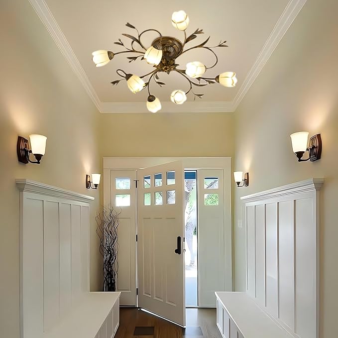31.5 Inch 8-Lights Branch Shaped Ceiling Lights, Creative Retro Style Flower Vine Ceiling Light Fixtures, Country Style Ceiling Lamp for Living Room, Bedroom, Kitchen, Study Room