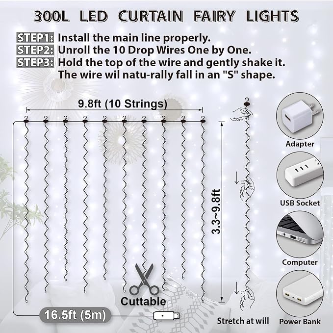 HXWEIYE 300LED Fairy Curtain Lights, 9.8x9.8Ft USB Plug-in 8 Modes Christmas String Hanging Lights with Remote for Bedroom Backdrop Wedding Indoor Wall Decor, White, Standard – 1 Pack