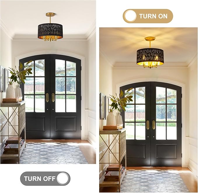 Drum Semi Flush Mount Lighting Fixture, Modern Semi Chandeliers, Fabric Farmhouse Ceiling Light, Black Fabric Shade 3-Light for Kitchen Island Bedroom Hallway Foyer, E26, W12xH14