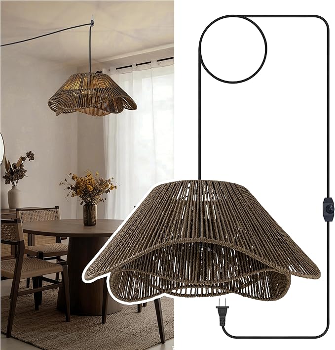 Lumstory Rattan Plug in Pendant Light for Ceiling Farmhouse Dark Brown Boho Woven Hanging Lights with Plug in Cord, Wicker Hanging Lamp with Dimmable Switch, Rattan Chandelier for Dining Room, 3-Light