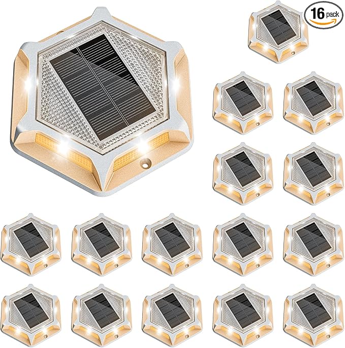 VOLISUN Solar Driveway Lights Dock Outdoor Waterproof Marker Lights,16 Pack Solar Deck Lights 2 Colors in 1 Led Wireless IP67,Solar Deck Lights for Sidewalk Pathway Yard(White/Warm White),Auto On/Off