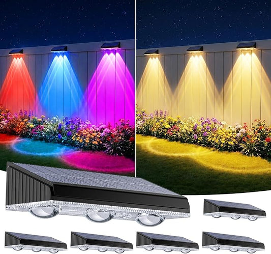 Solar Fence Lights Outdoor 6 Pack, Upgraded Brightness 3X LED Lens Fence Lights Solar Powered, 9 Fixed Colors & RGB Lights,IP65 Waterproof Solar Lights for Outside Backyard/Railing/Step/Patio